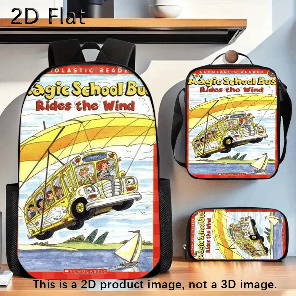 Kids' Classic Waterproof 3-Piece Backpack Set Pack - School Supplies with Lunch Box, Magic School Bus Rides The Wind Cartoon Print, 15in Laptop Pocket, Soft Breathable Padded Straps, Durable Lightweight Spacious Design, Sky Sailboat Zipper