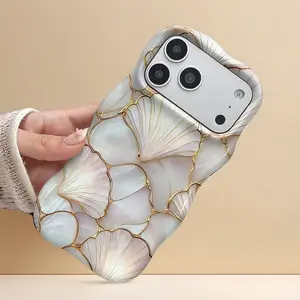 Elegant Marble Phone Case, Luxury 2D Pearl Shell Ginkgo Leaf & Golden Line Print, Stylish Wavy Curved Edge Glossy Cover, Dual Layer PC+TPU Shockproof Protective Shell, High-End Aesthetic Phone Accessory for iPhone 11-17 Pro Max Air, LUMN Studio