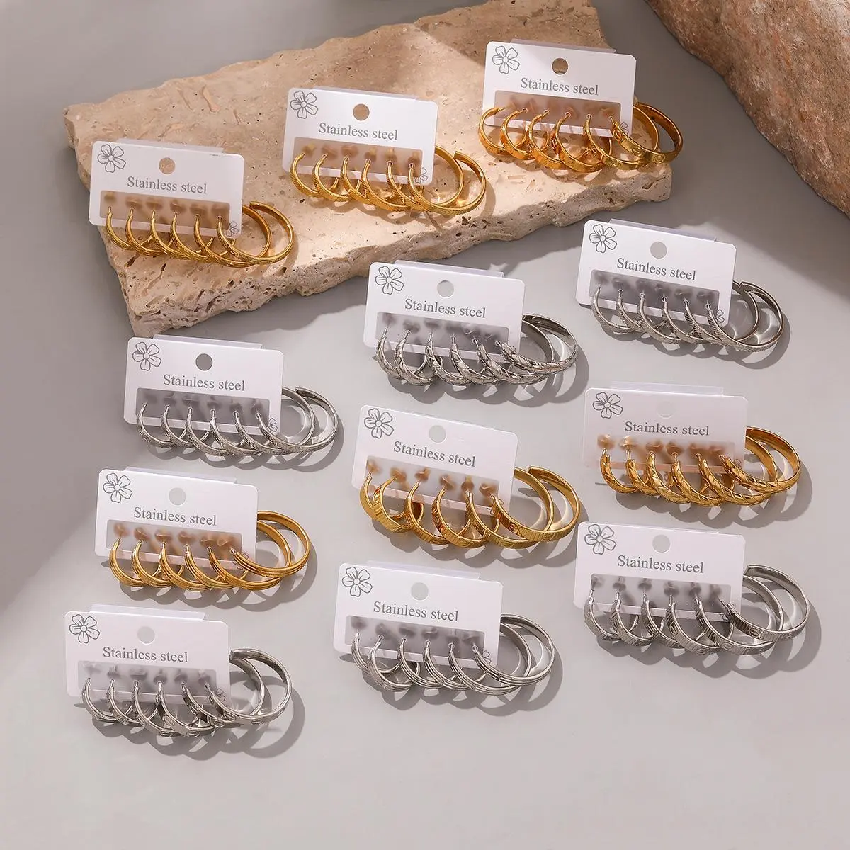 Women's Stainless Steel C-Hoop Earring Combo Packs, 1-Card Multiple Sizes Gold & Silver Open Huggie Earring Stacking Set, Minimalist Costume Jewelry