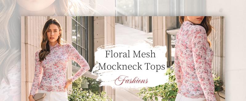 Women's Floral Mesh Long Sleeve Sheer Lace Blouse with Faux High Neck, Fall Outfits 2025