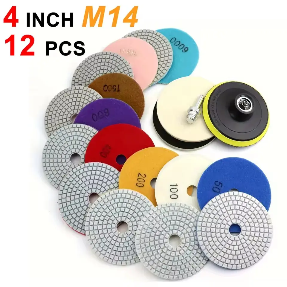 12-Piece Diamond Polishing Pad Set, Wet/dry Grit 50-6000, for Concrete Marble Stone Countertops, Drill Grinder Polisher Pads