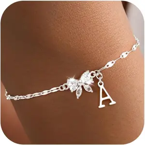 925 Sterling Silver Initial Bracelets for Women Girls Dainty Minimalist Bow Butterfly Bracelets Cute Adjustable Waterproof Jewelry for Teen Girls