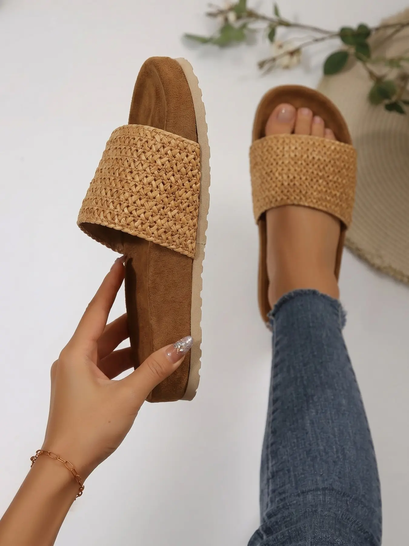 Summer Japanese Style Natural Light Straw Wide Strap Sandals, Casual Women's Shoes, Synthetic Leather, Less Than Ankle Height