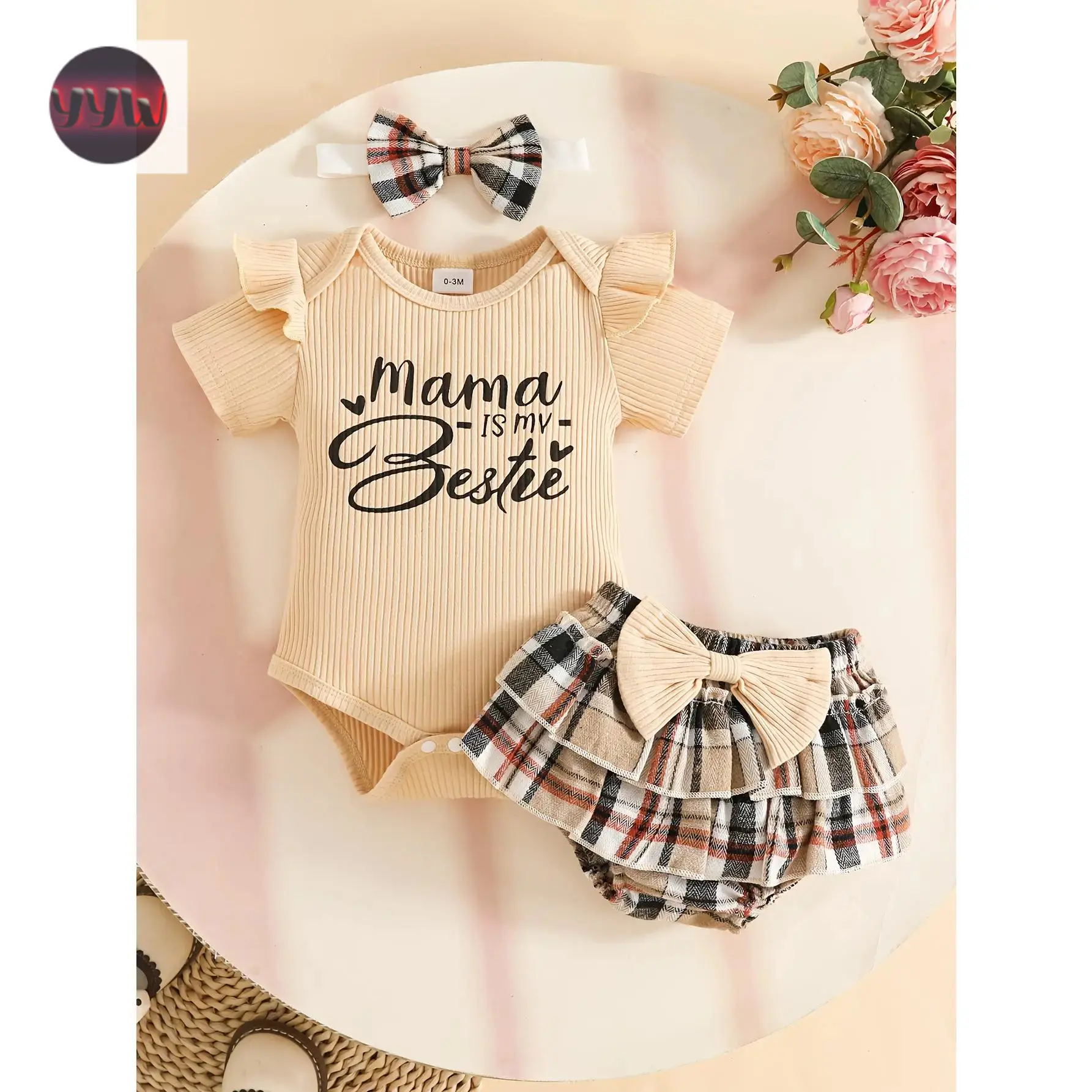 YYW1 Baby Girl 3-Piece Set Pack - Short Sleeves Romper with "MAMA Is My Bestie" Alpha Letters Print, Plaid Ruffles Hem Shorts, Bow Hair Tie, Polyester Blend, for 0-1 Year Old Girls, Mom-to-Daughter Gift
