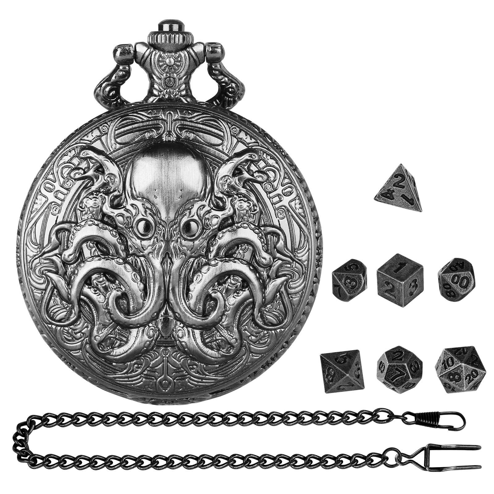 Double Eye Octopus Design Pocket Watch with Chain & Dice Set, 1 Set Role Playing Game Accessories, Cosplay Game Accessories