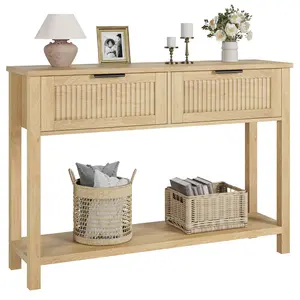 Modern Fluted Console Table with 2 Storage Drawers, Slim Entryway Table for Hallway Foyer, Wood Sofa Table with Open Display Shelf, Narrow Accent Table for Living Room, Farmhouse & Contemporary Style, Black Burlywood