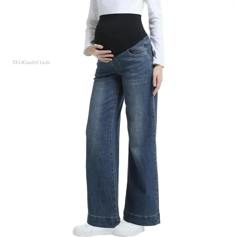 Maternity Jeans Wide Leg Over The Belly Support Stretch Pregnancy Denim Loose Wide Pants with PocketsXX14CandyClash