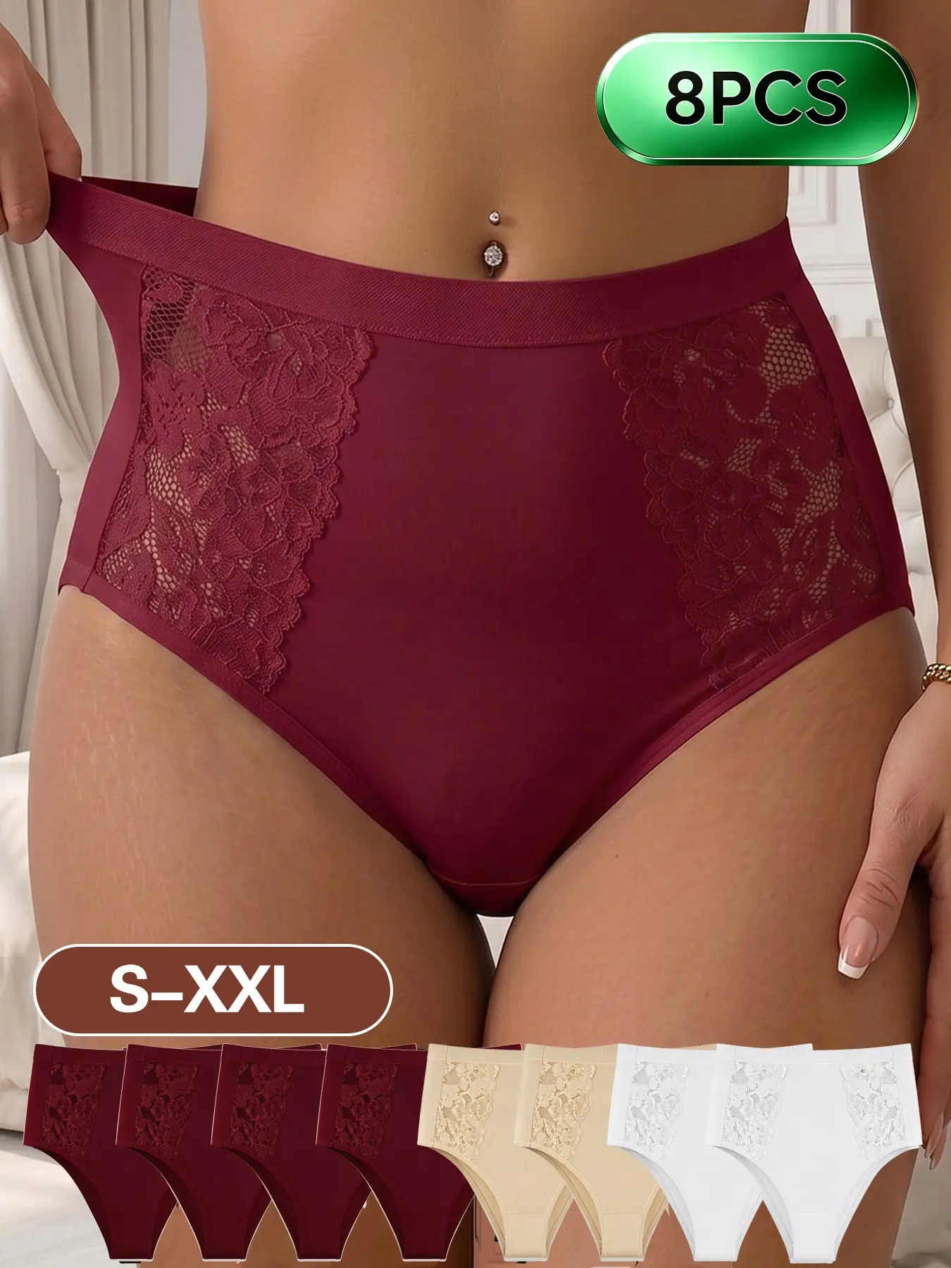 8pcs Luxury Elegant Women's Thong Underwear Lingerie, High-Waisted Lace Trim, Casual Embroidery Design, Fit, Essential for Daily Wear & Office