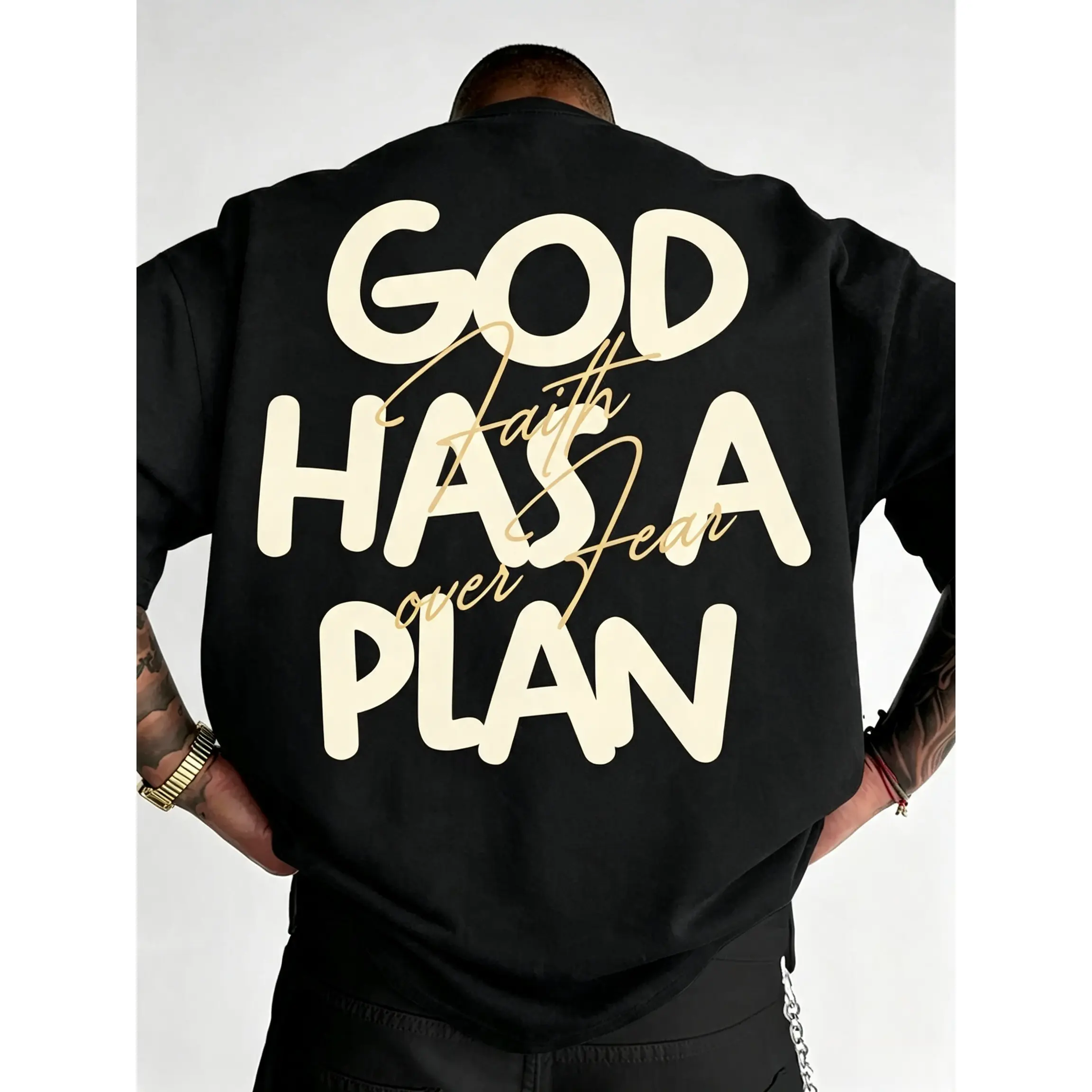 Men's "God Has A Plan" & "Faith Over Fear" Letter Print T-Shirt, Casual Short Sleeve Tee, Streetwear Top