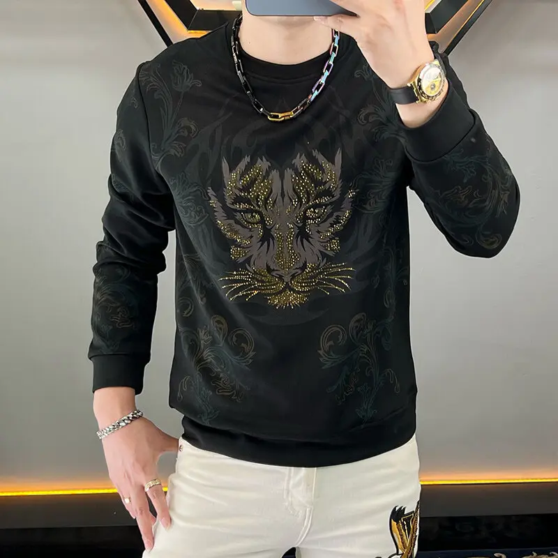 Men's High-Quality Menswear Long-Sleeve Hoodie - Cotton Blend, Round Neck, Textured Knit, Regular Fit, Heavy-Duty, Elastic, Villains Movie Horror Story Graphic, Jesus Print, Tiger Head Rhinestone, Streetwear, Autumn Casual Trendy Top