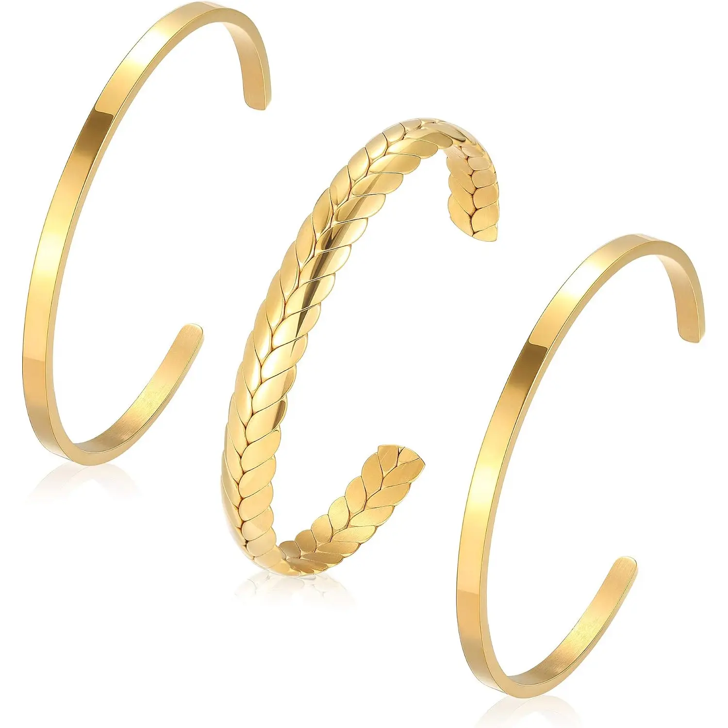 3Pcs Stainless Steel Open Cuff Bracelets Set, Rubber Band Wheat Heart Love Bracelets, Braided Twisted Cuff Bangle Jewelry Gifts for Women Men