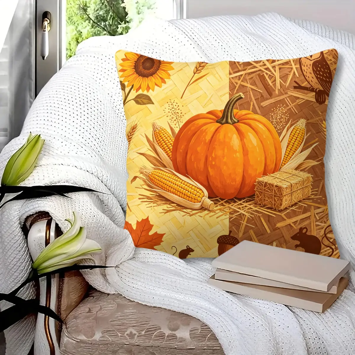 Fall Harvest Thanksgiving Farmhouse Decorative Throw Pillow, with Pumpkin Sunflower Corn Straw Print, Soft Durable Breathable Cushion, Perfect for Sofa, Couch, Bed, Living Room Bedroom Home Decoration (Includes Pillow Filling)