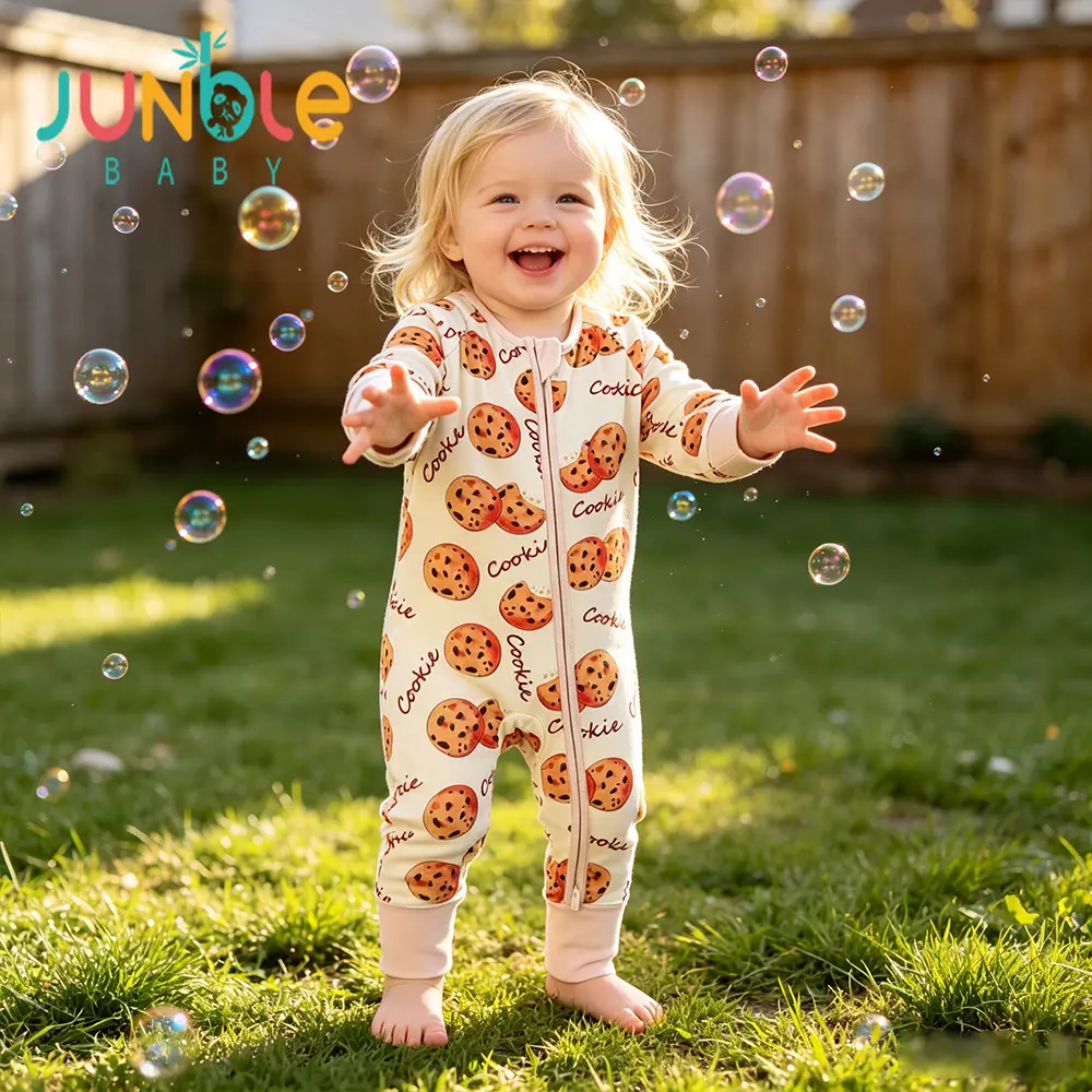 JUNBLEBABY Cookie Print Bamboo Baby Sleeper,baby bamboo pajamas,cute baby clothes,baby romper, 2-Way Zipper Convertible Footed Romper, Cute Cookie Pattern Infant Onesie Pajamas for 6-24M Toddlers