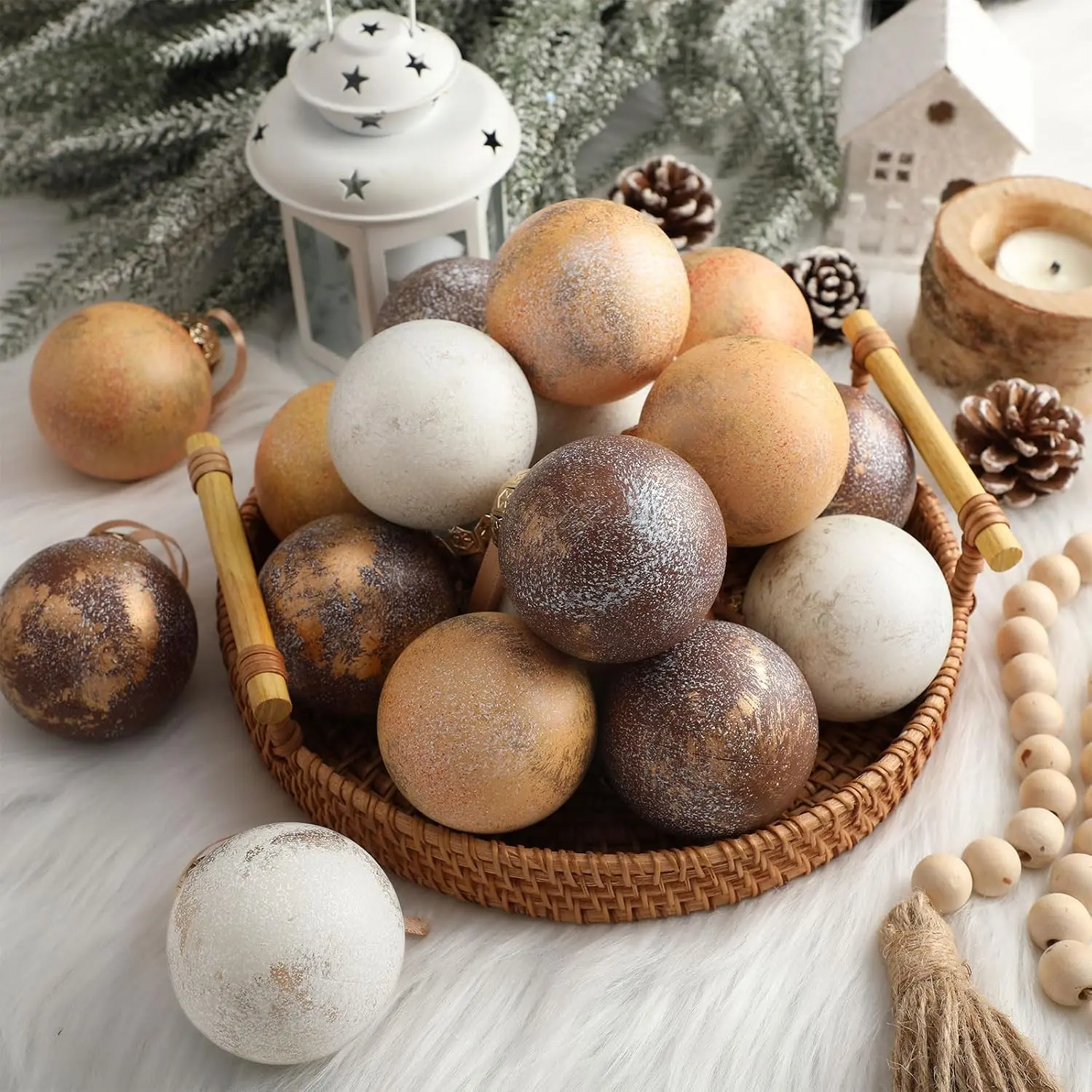 12 count Neutral Christmas Ornament 2.36'' Textured Tree Decor,Clay | Matte Shatterproof Xmas Ornaments,  Brown Tree Decor with  Loop, Rustic Large Holiday Decor, for