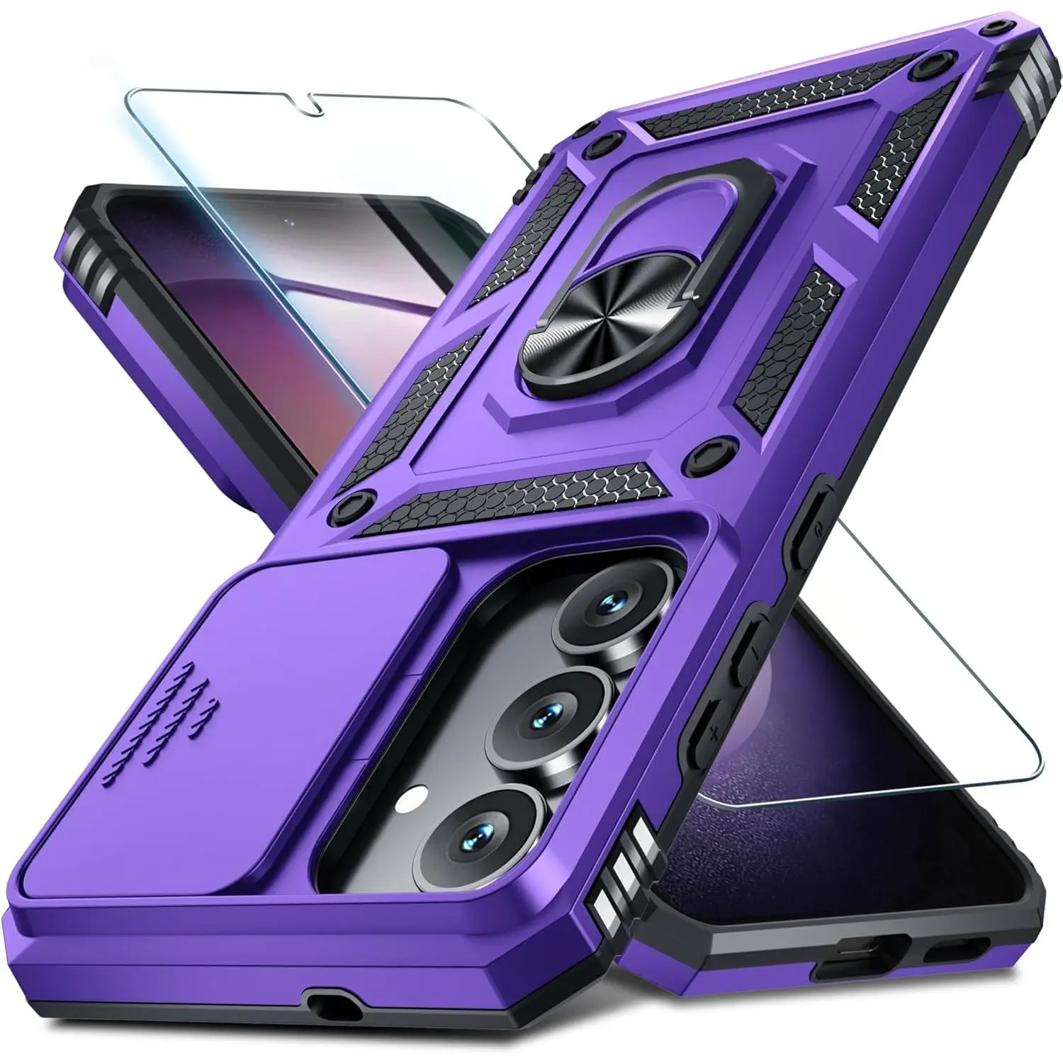 Compatible with Samsung Galaxy S25 FE Case Built in Slide Camera Lens Cover+Screen Protector+Finger Ring Holder Kickstand,Heavy Duty Shockproof Full Body Phone Cover,2025 Purple