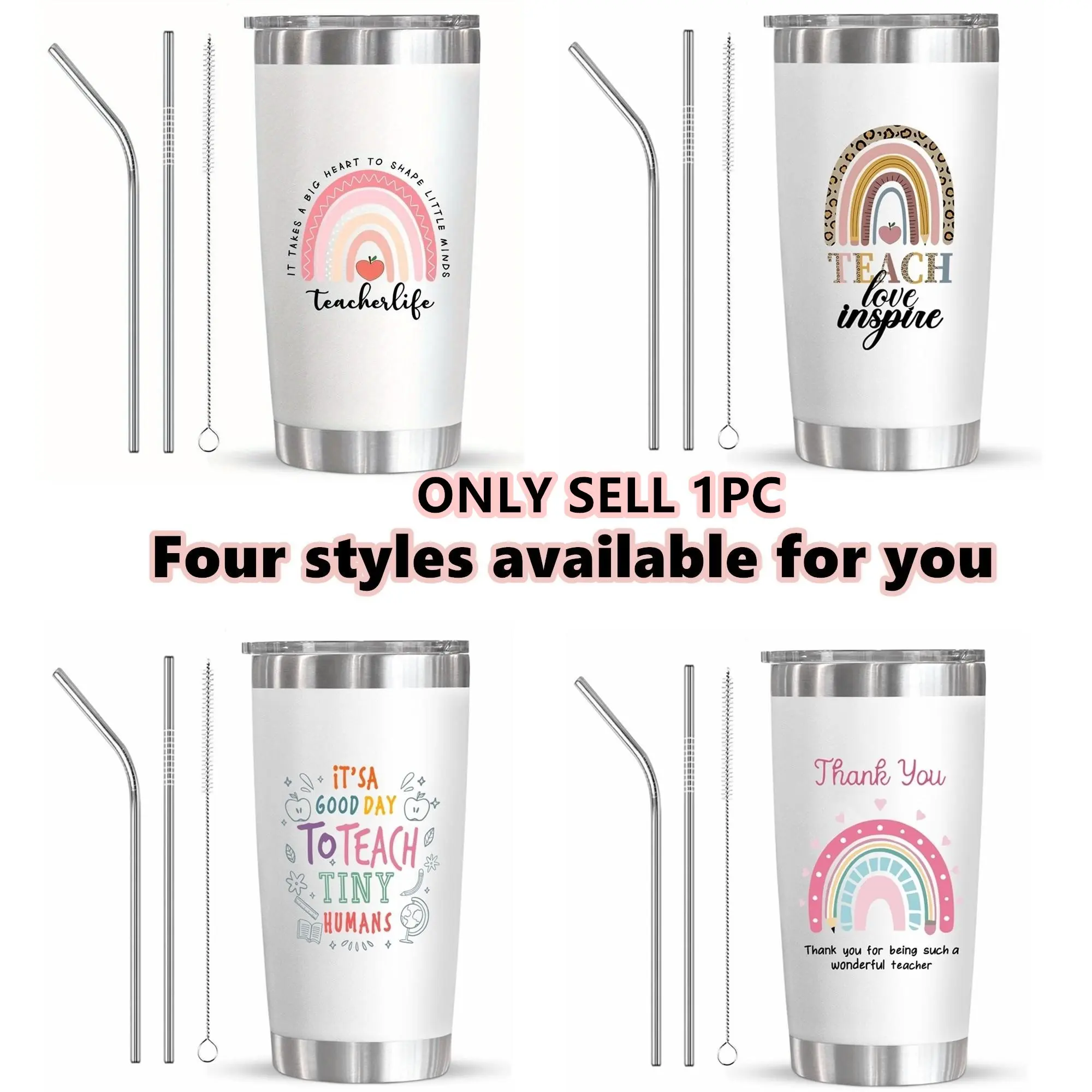 20oz Stainless Steel Tumbler with Lid, Teacher Appreciation Tumbler for Teacher's Day, Portable Vacuum Cup with 2 Straws and 1 Cleaning Brush, Travel Coffee Cup for Teachers, Insulated Vacuum Flasks