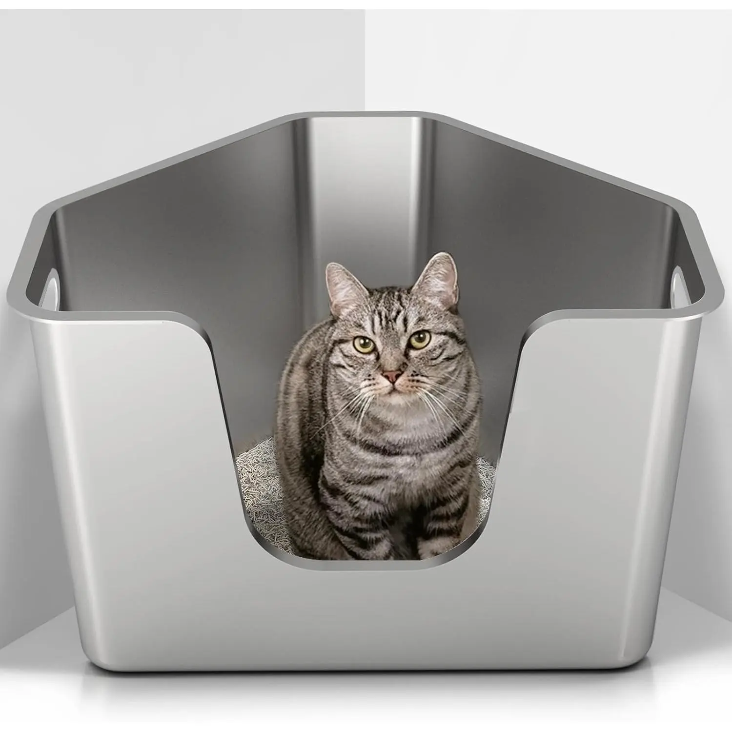 Stainless Steel Corner  Litter Box, Metal Litter Box with High Sided, - Corner  Toilet, No Assembly Required, Non-Stick, No Odor Kitten Litter Pan, Easy to Clean, for Small Medium Cats