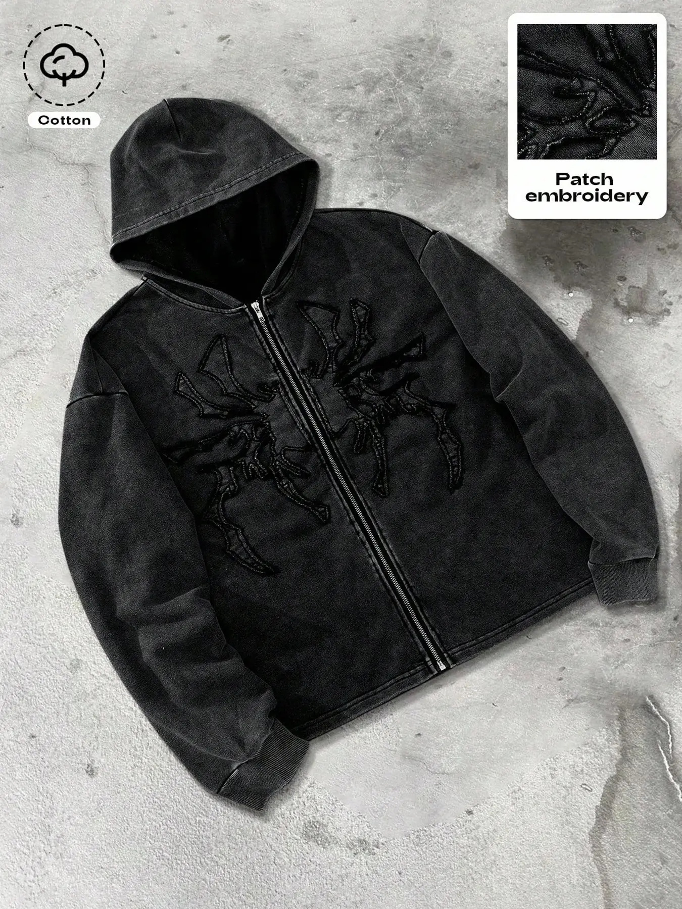 Men's Gothic Spider Embroidered Hoodie, Loose Fit Drawstring Zipper Jacket, Punk Streetwear for Music Festivals, Y2K Style, Fall Season