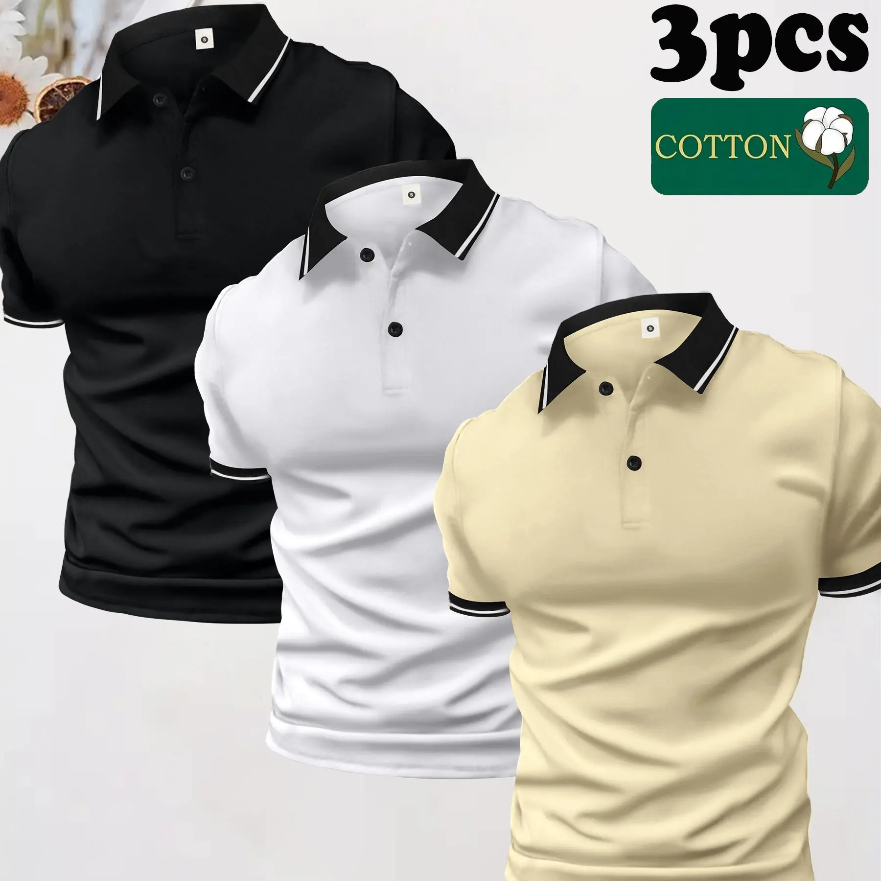 Men's 3-Pack Fitted Color Block Graphic Cotton Polo Shirts - Menswear, Short-Sleeve Buttoned Lapel Collar Tops for Business, Sports, Shortsleeve, Fashion, Chic, H Type, Fabric, Wedding, Sporty Chic