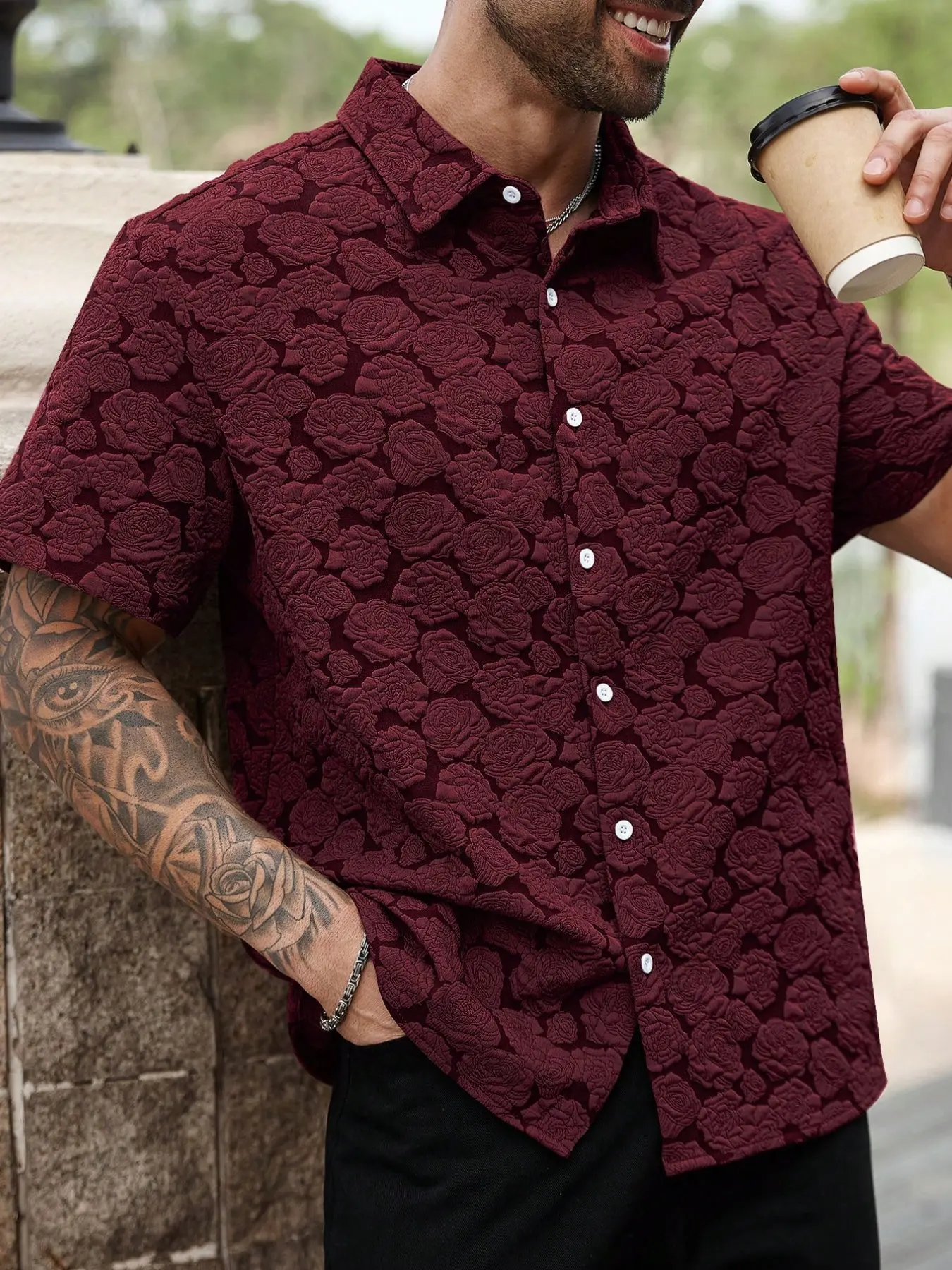 Summer New European Style Embroidered Floral Short Sleeve Collar Shirt for Men, Comfortable Breathable Plus Size, Casual Beach Vacation Top, Botanical Floral Shirt