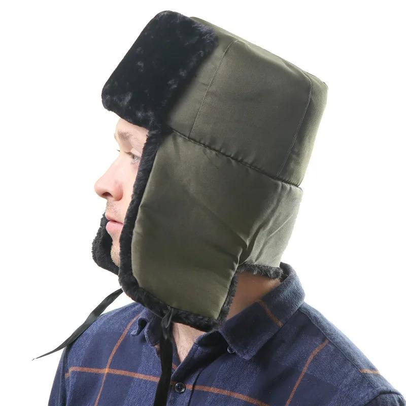 Men's Winter Soviet Badge Lei Feng Hats Russian Ushanka Hat Outdoor Warm Thicken Faux Rabbit Fur Windproof Snow Caps