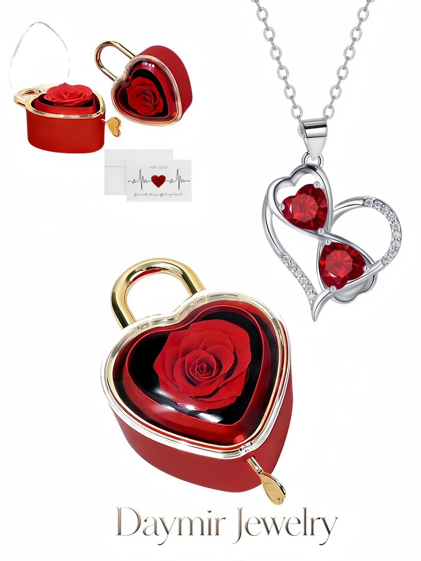 "Infinity Red Heart Glow", stylish elegant infinity heart gem pendant necklace for women, matched with heart-shaped preserved rose jewelry box. Ideal gifts for birthdays, Mother’s Day, Valentine’s Day, Christmas and anniversaries.