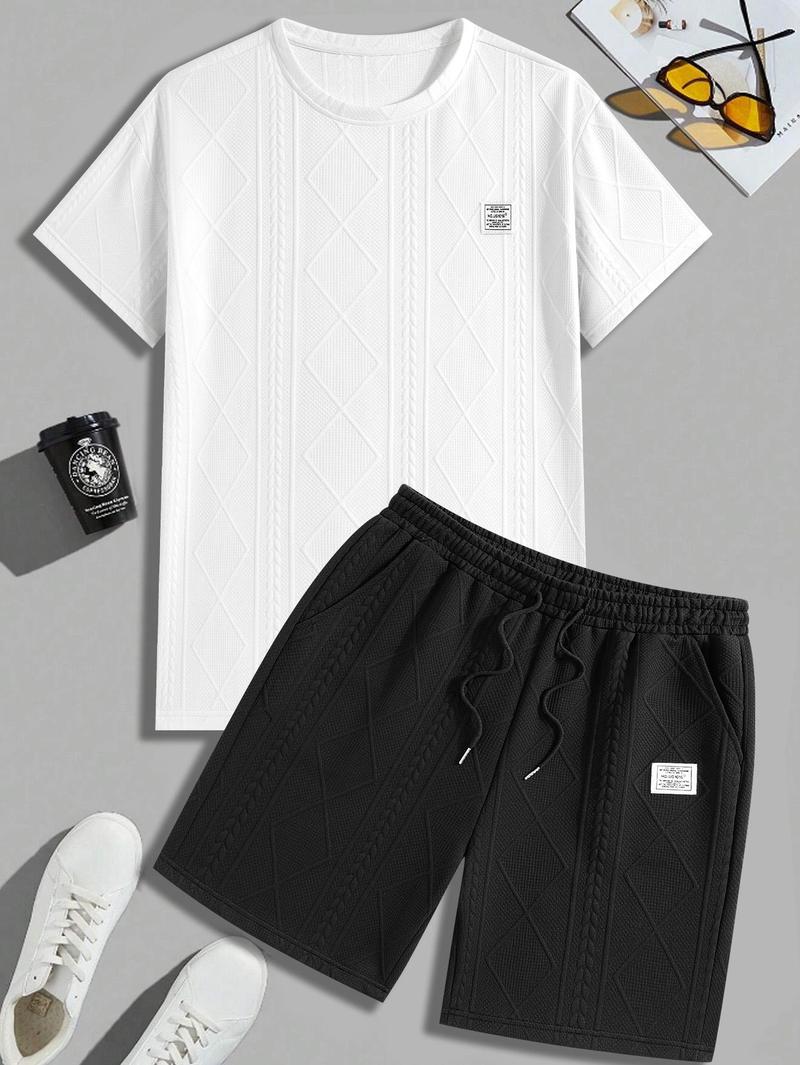 Men's Summer Casual Sports Suit 2-Piece texture Set Jacquard Texture Fabric Breathable Round Neck T-Shirt & Shorts Formal Tropical Man Top Suits Menswear Clothes Crewneck Shortsleeve Suitable for daily leisure running tiktok shop deals gifts for him