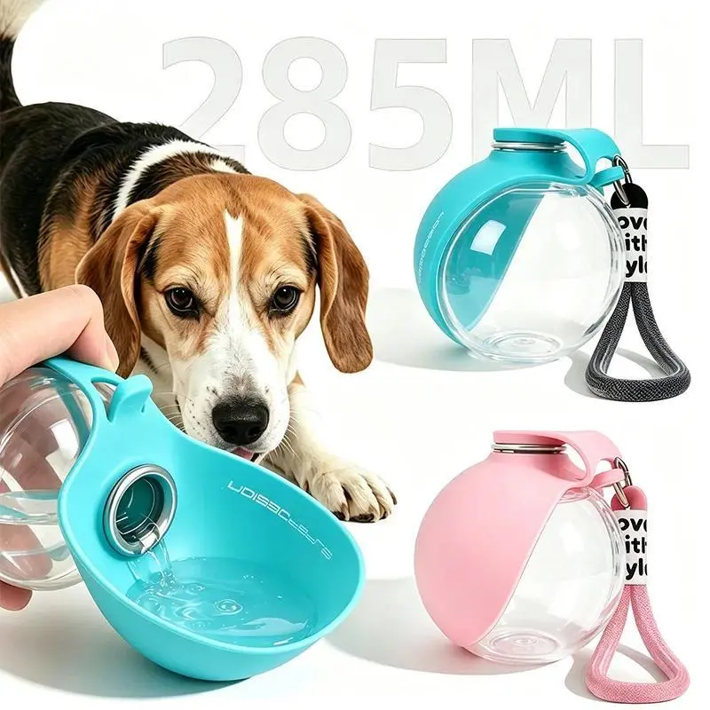 2-in-1 Leak-Proof Compact Plastic Portable Dog Water Bottle with Lanyard Hook, Foldable Silicone Bowl, 300ml Uncharged Non-Smart Pet Feeding Supply for Outdoor Activities (All Dog Breeds), Leak-Proof Design