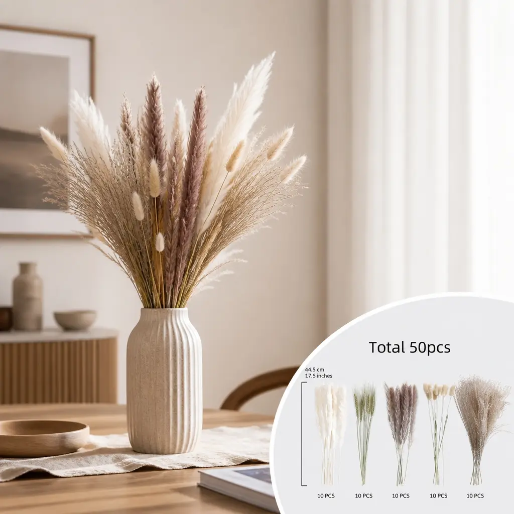 50Pcs Mixed Dried Reed Bouquets, Natural Air Dried Reed Combination with Rabbit Tail Grass, Wheat Ear, and Reed, Bohemian Home Vase Decoration with Dried Flowers and Floral Accessories