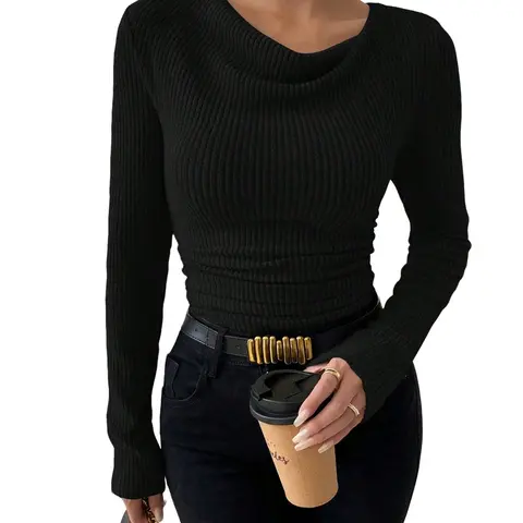 Women's Plain Basic Draped Cowl Neck Ribbed Tee, Elegant Casual Long Sleeve T-shirt for Spring & Fall, Women's Clothing for Daily Wear Top T Shirts Tops