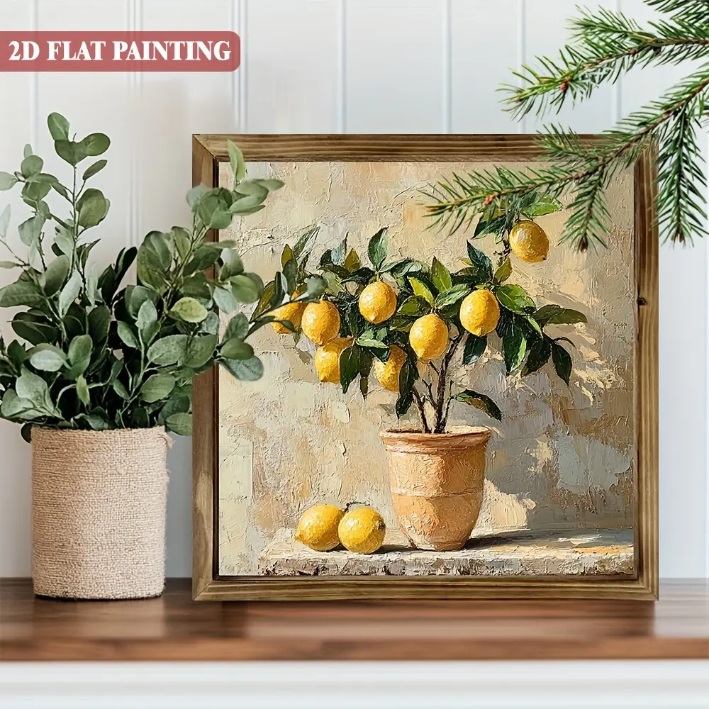 2D Flat - A 2D Flat Wooden Sign Featuring a Farmhouse-Style Lemon Tree Landscape Art, Framed for Spring And Summer. This Decorative Piece Is Perfect for Home, Kitchen, Garage, Or Office, And Makes an Ideal Holiday Gift, Measuring 8X8 Inches