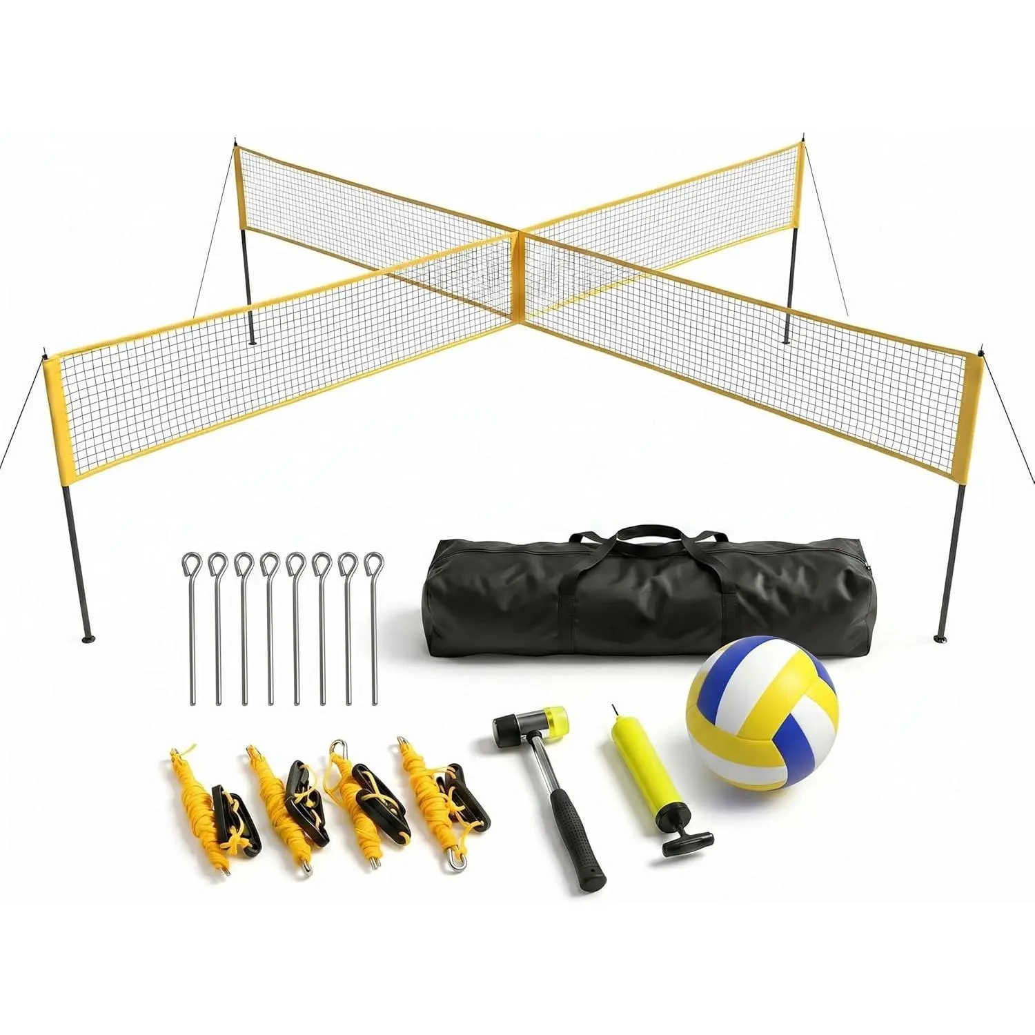 4 Square Volleyball Net Set with 3 Adjustable Heights, 14FT Outdoor Cross PE Volleyball System, Portable 2-4 Way Play Volleyball Game Set with Ball Pump Carry Bag Hammer, for Backyard Beach Park Camping Family Team Outdoor Games