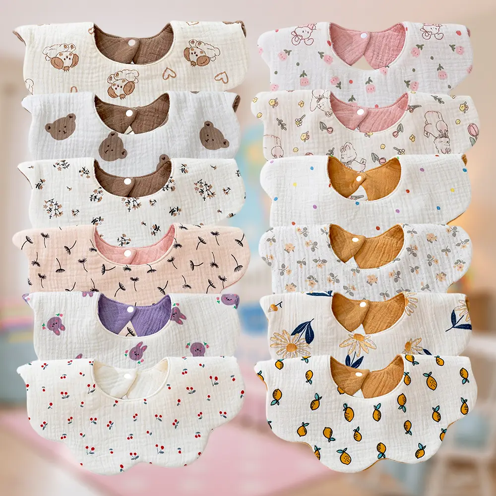 Dadamayar Unisex Organic Cotton Baby Muslin Bibs, 12-Pack Waterproof Feeding Bibs with TPU Waterbarrier Layer, Double-Sided Cartoon Print Flower-Shaped, Prop 65 Safe for 0-36 Months Infants, Wide Coverage campingessentials