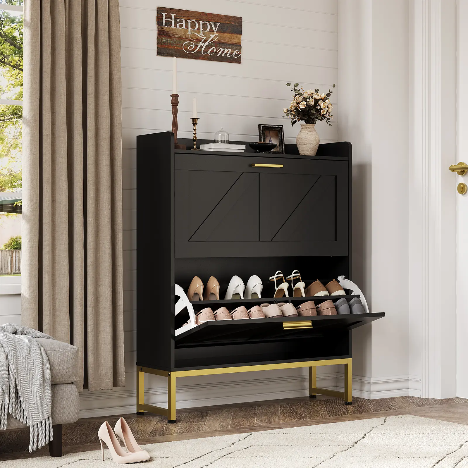 Narrow Flip Door Shoe Cabinet, Space Saving Entryway Storage. Holds 14-20 Pairs, Adjustable Shelves for Heels & Boots. Dust-Proof, Freestanding Organizer with Top Shelf. Anti-Tip Safety, Modern Design for Small Apartments