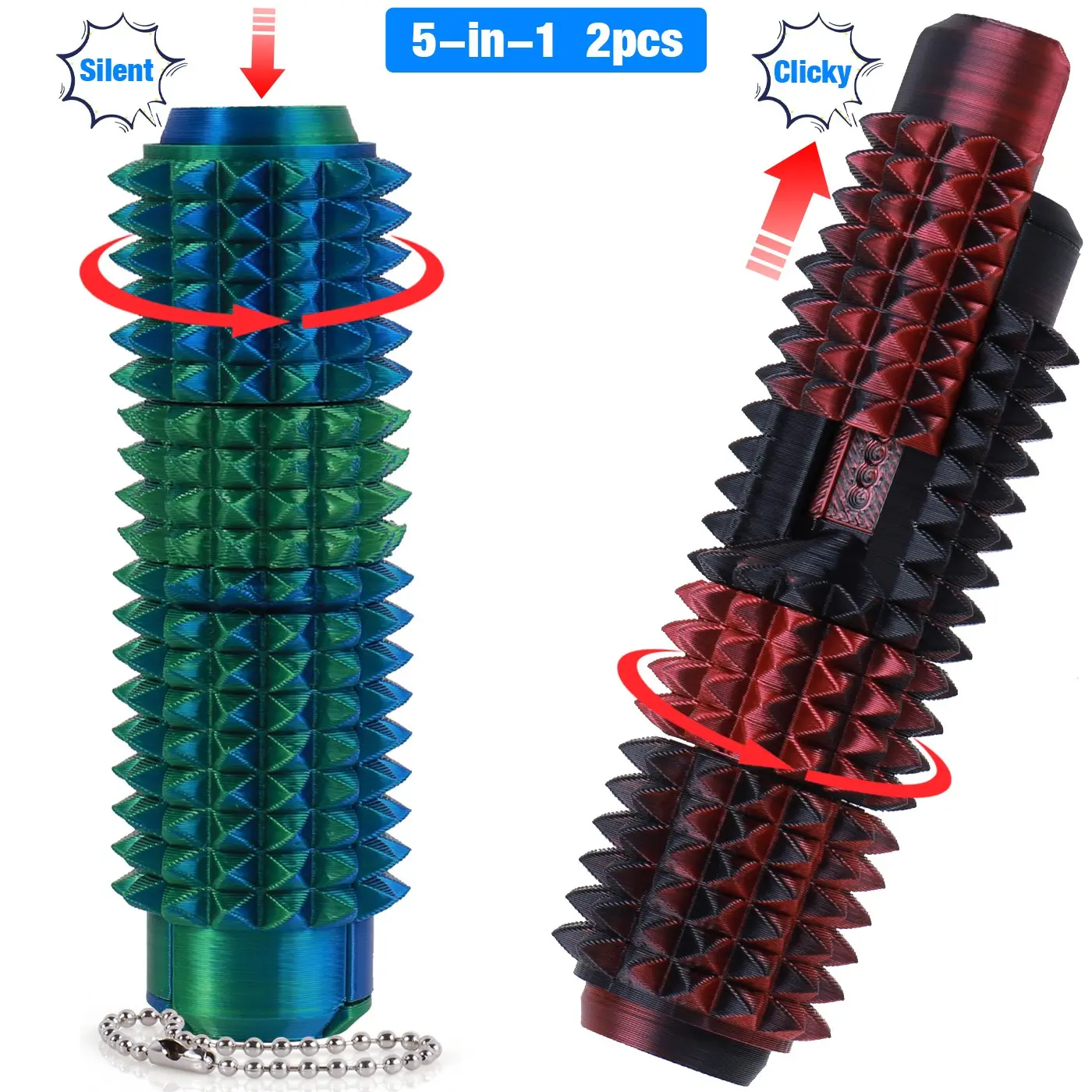 2-Pack 5-In-1 Spiky Sensory Fidget Toy Combo (1 Silent +1 Clicky), Portable Pain Stim Tool, Stress Relief Keychain for Adhd, Clicker, Spinner, Slider, Roller, Spiky Grip, Sensory Fidgeting