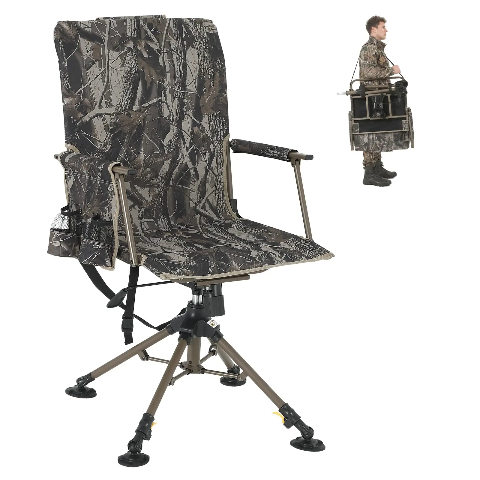 360° Swivel Hunting Blind Chair, Portable Foldable Hunting Seat with Breathable, Armrest, 2 Cup Holders, Adjustable Heigh & Shoulder Strap, Lightweight Easy Carry Outdoor Hunting Chair