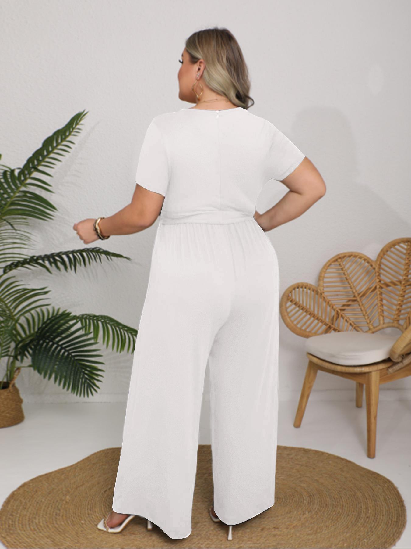 Plus Size Solid Wide Leg Jumpsuit, Elegant Square Neck Belted Jumpsuit for Daily Outdoor Wear, Women Plus Clothing for All Seasons