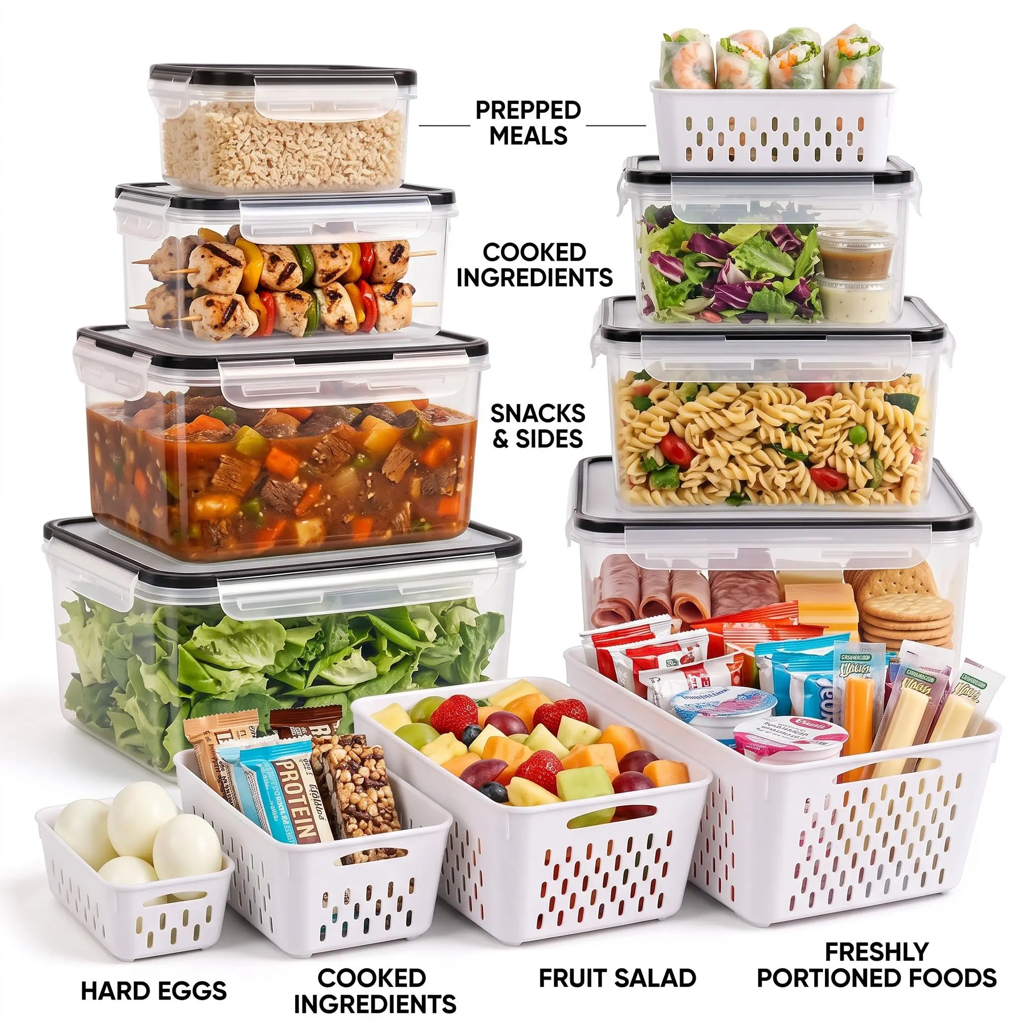 8-Pack Polypropylene Transparent Multi-Size Rectangular Food Storage Containers with Removable Colander, Stackable Leakproof Varied Capacity Fridge Organizer Bins for Fruits, Vegetables