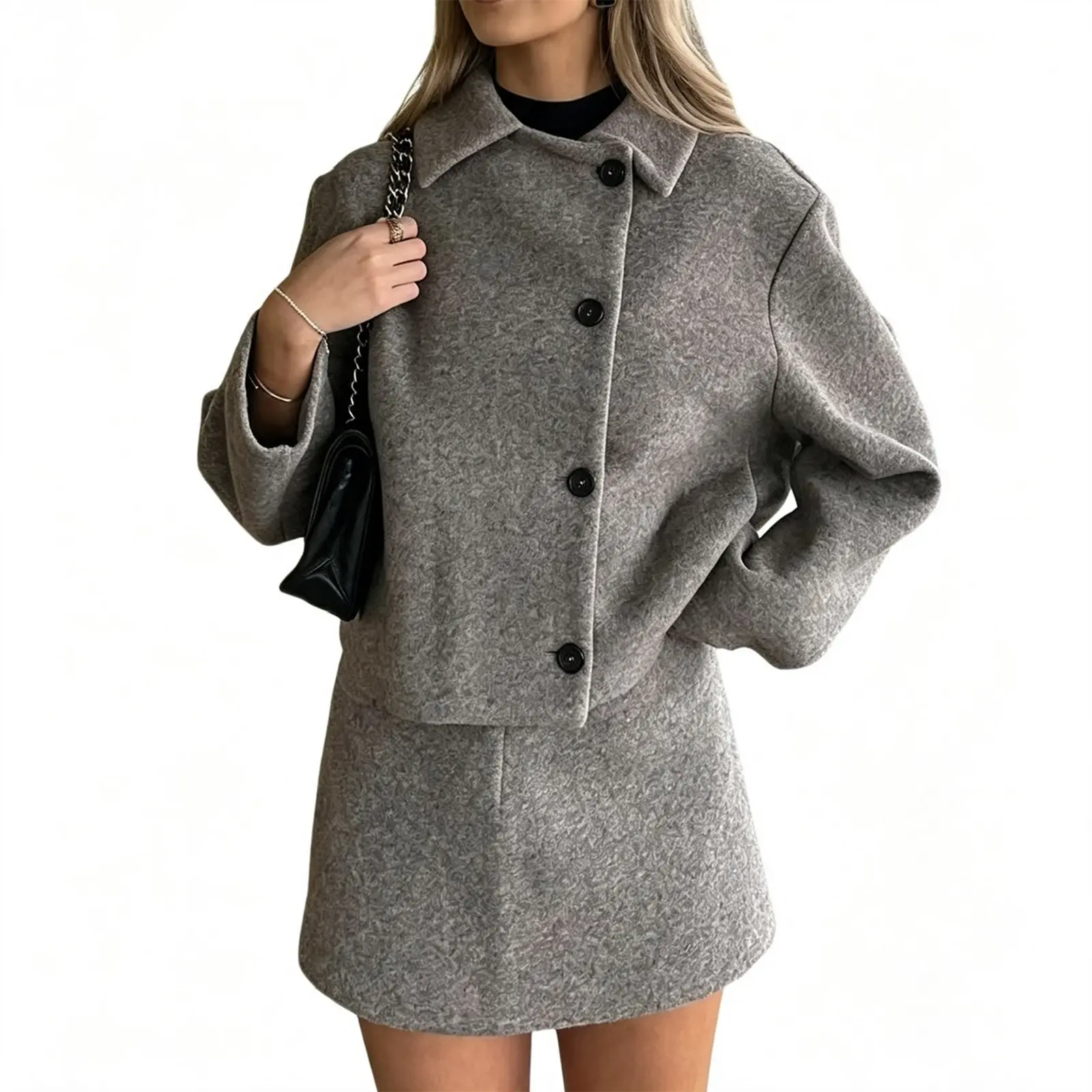 TANKANNEO Women 2 Piece Tweed Outfit Set, Lapel Button Down Cropped Jacket and Mini Skirt Matching Suit, Casual Elegant Fall Winter Sets