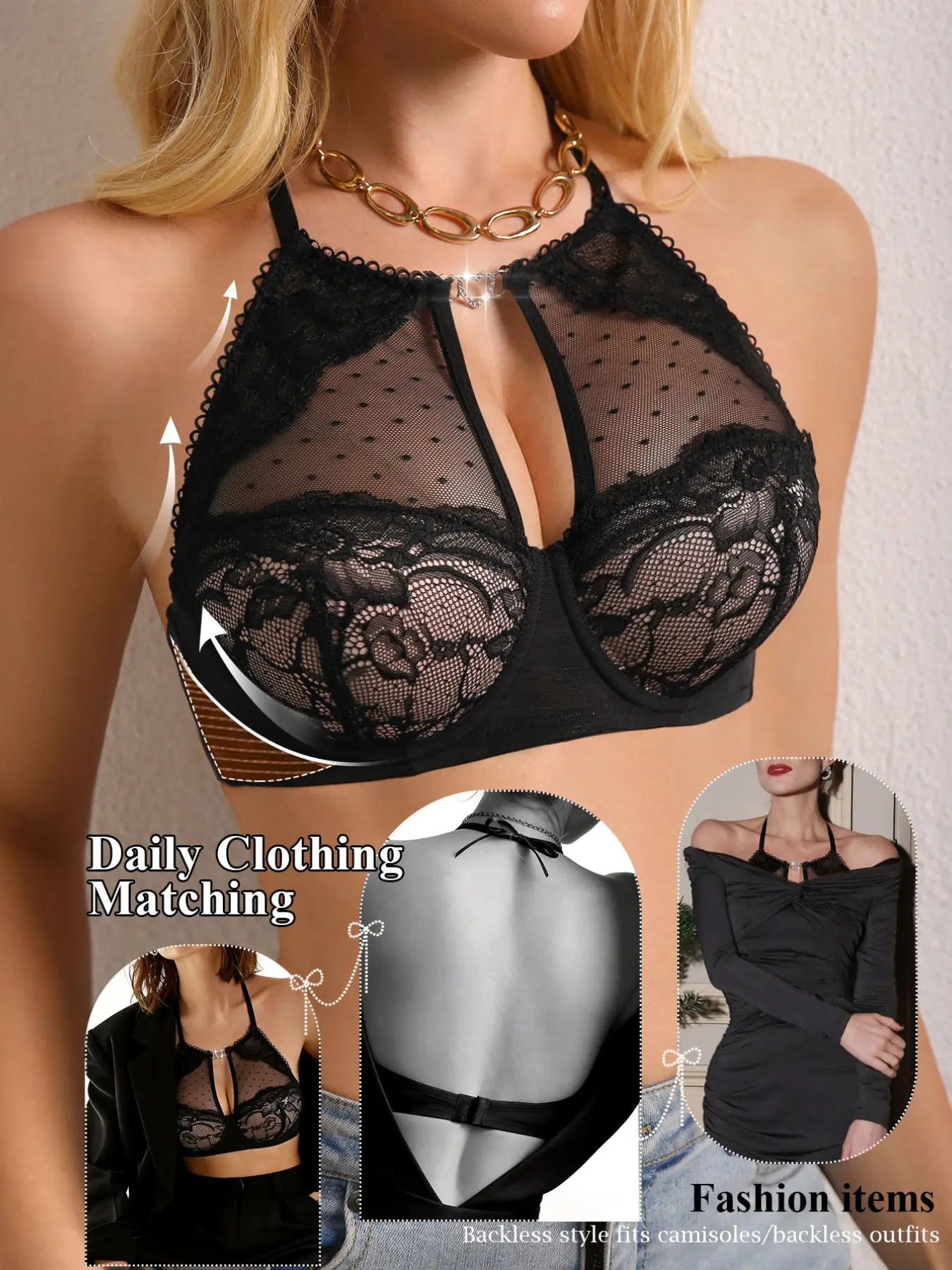 Women Halter Polka Dot Lace Heart Rhinestone Hollow Back Bra, Soft Underwire Full Coverage Push-Up Lingerie, Side Support No Gap Anti-Sagging, For Date Party Shopping Off Shoulder Backless Outer Wear