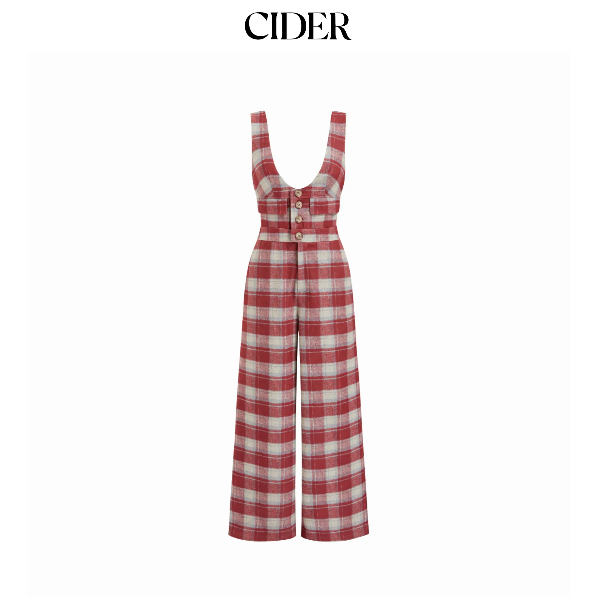 Cider Wool-look U-neckline Plaid Straight Leg Overalls Cider Wool-look U-neckline Plaid Straight Leg Overalls