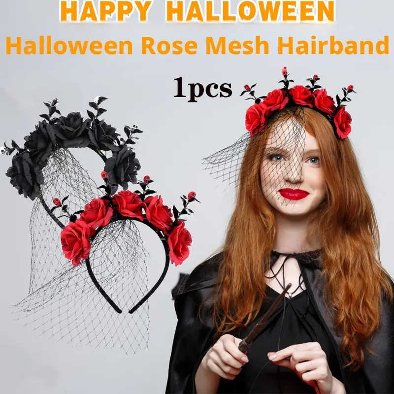 Halloween Rose Net Headband, Ghost Festival Performance Party Accessory, Dark Floral Hoop Veil Headband, Z Decoration Prop