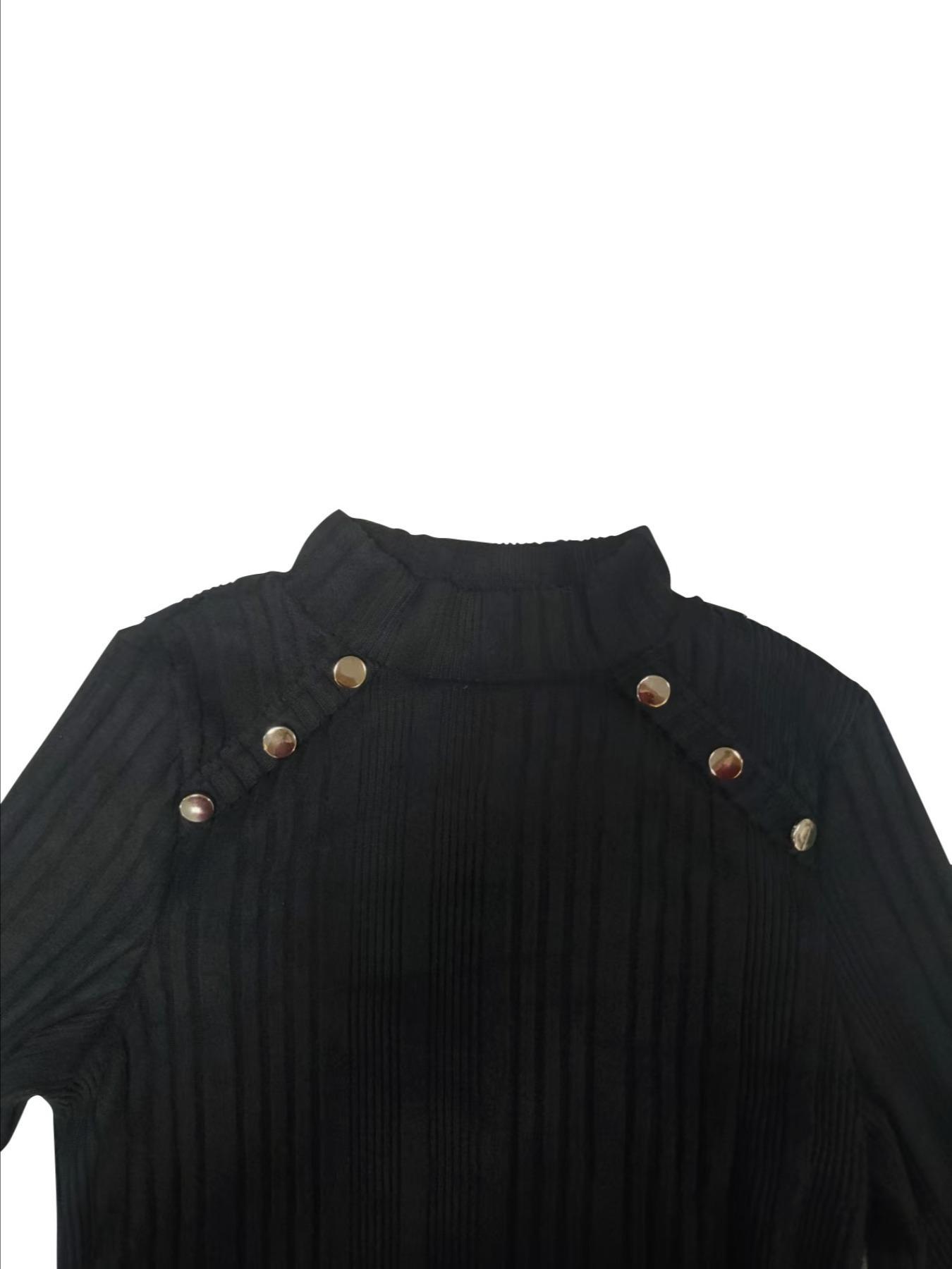 Women's Slim-Fit High Neck Long Sleeve T-Shirt, Button Decorated Top for Spring & Fall, Contemporary Plain Design, Casual Top, Casual Business Top