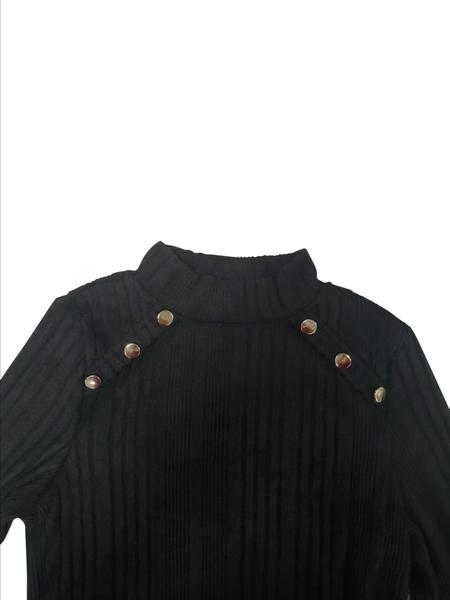 Women's Slim-Fit High Neck Long Sleeve T-Shirt, Button Decorated Top for Spring & Fall, Contemporary Plain Design, Casual Top, Casual Business Top