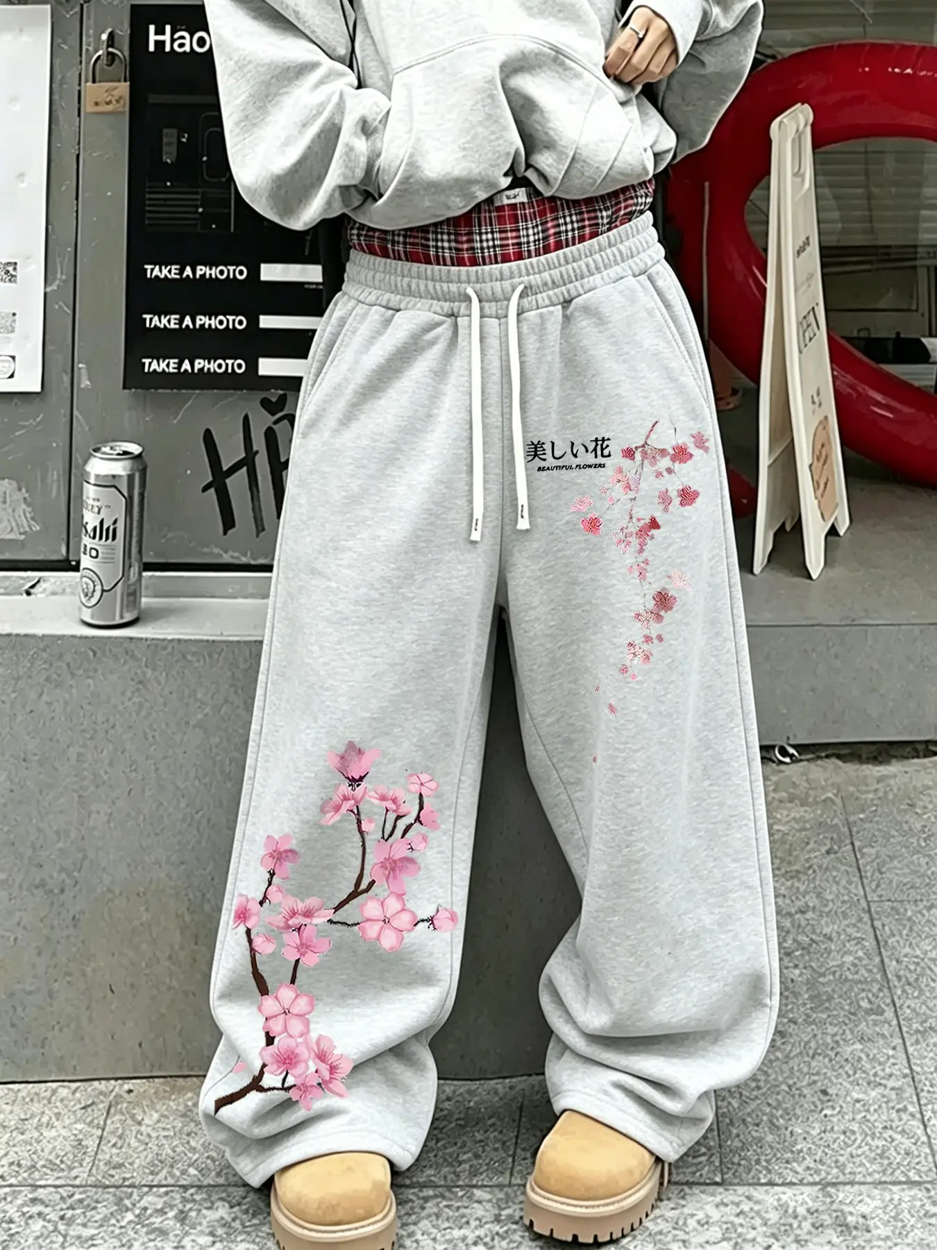 Cherry Blossom Japanese Print Wide Leg Sweatpants, Casual Streetwear, Drawstring Waist, Soft Knit Fabric, Floral Pattern, Loose Fit, Unisex