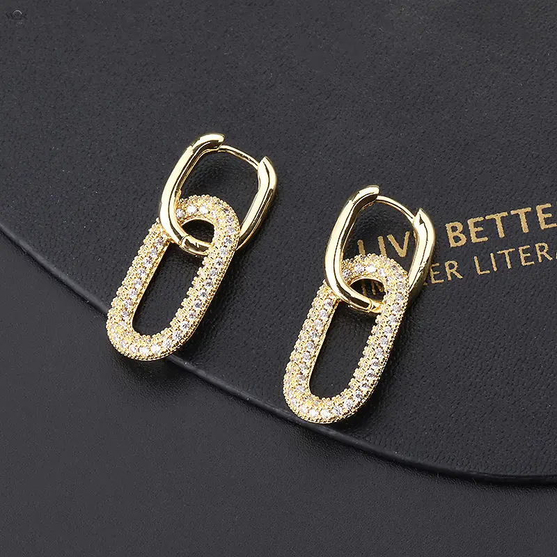 Paperclip Drop Hoop Earrings for Women, Modern Huggies with Paved Crystal Inlay and Detachable Oval/Heart Charms in Gold or Silver Tone, Alloy Base, Detachable Charm, Minimalist