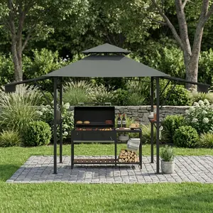 8x5 FT Heavy Duty Steel Grill Gazebo, Double-Tier Patio Shelter with Adjustable Side Awnings, 2 Storage Shelves, Hooks and Light Mount for Outdoor BBQ