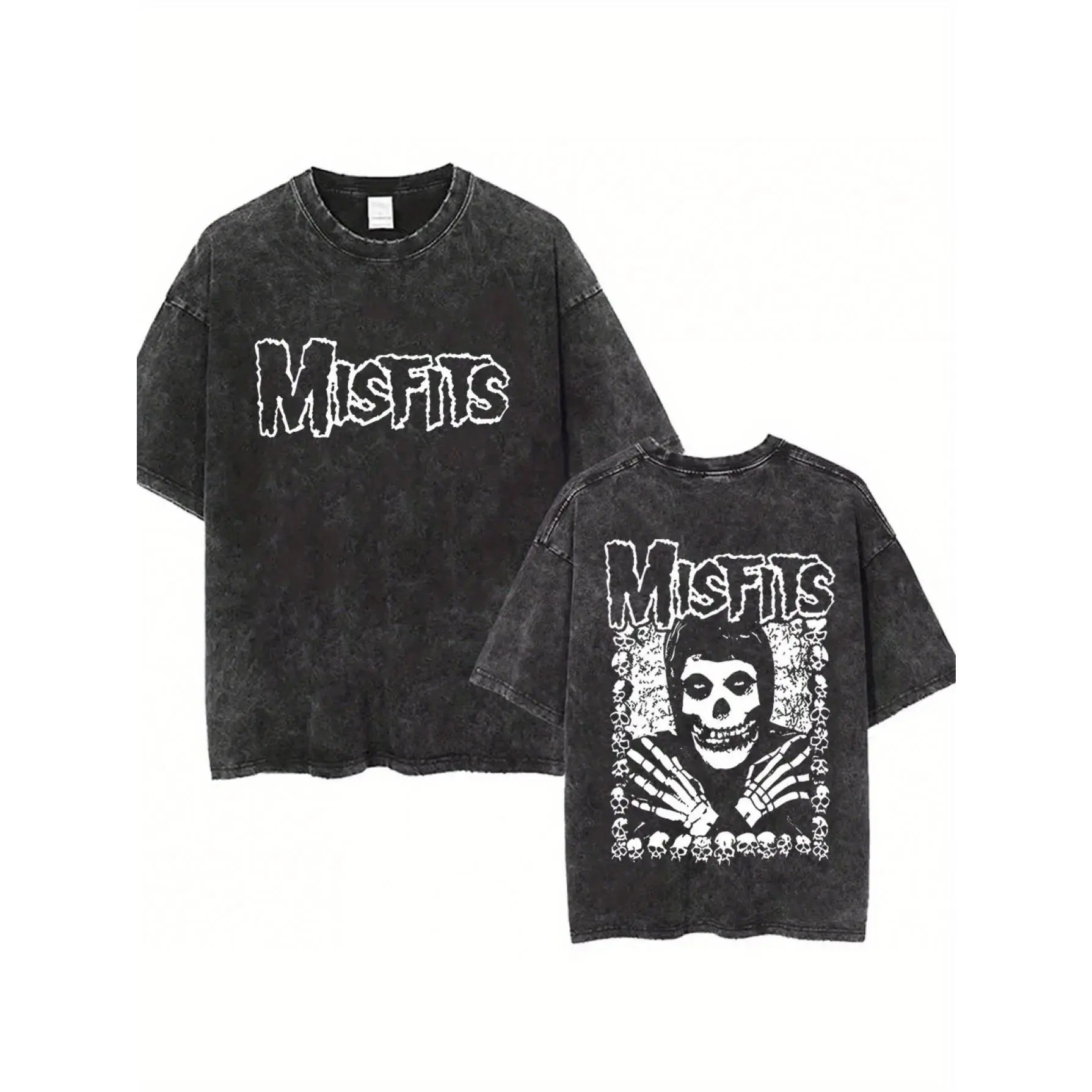 Vintage Washed Double Sided Crew Neck Short Sleeve Tee for Men, Misfits Crimson Ghost Skull Border Full Band Logo Horror Punk Rock White Grunge Graphic Slight Stretch Oversized Casual Streetwear Harajuku Metal Fans Tops for All Seasons Daily Outfit