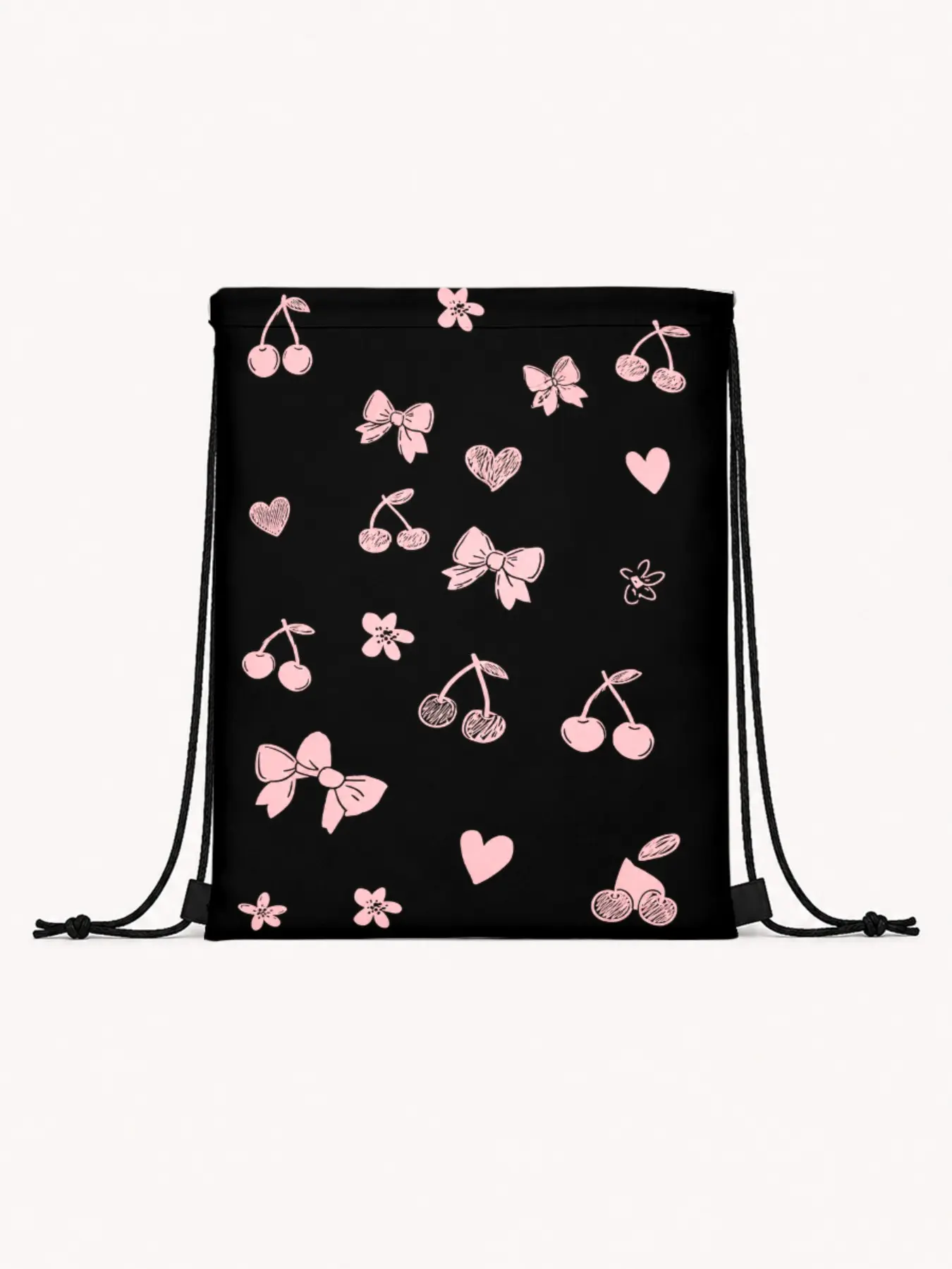 Bow, Cherry, Ballet Shoe Pattern Drawstring Backpack, Waterproof Fabric, Ideal for Dance Classes, Travel, School, Gift for Dancers and Teen Girls