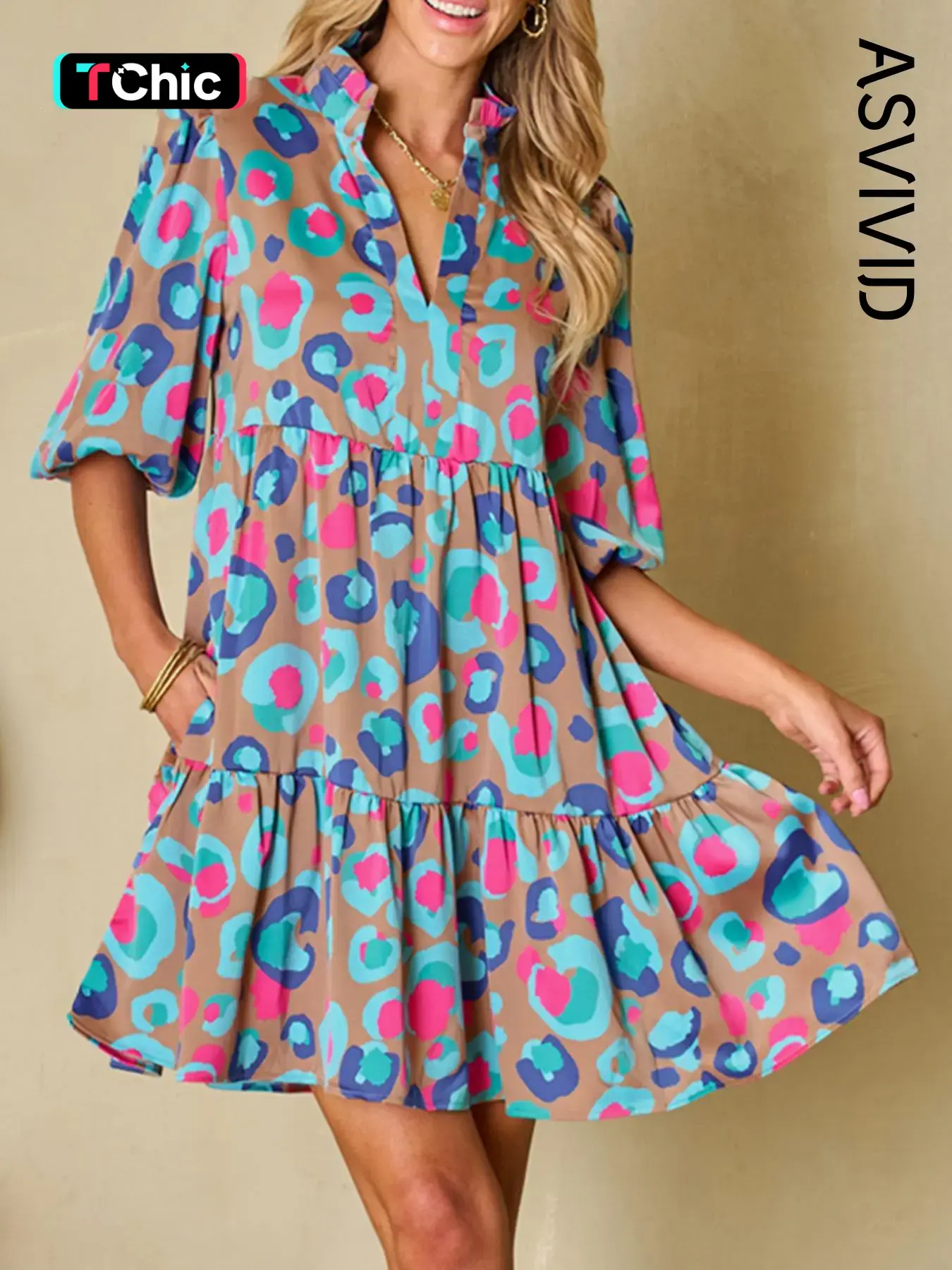 Women's All Over Print Leopard Frill Trim Ruffle Hem Pockets Smock Short Dress, Elegant Lantern Sleeve Notched Neck Dress for Spring & Fall, Women's Clothing for Daily Wear